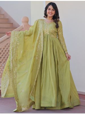 pista green gold crush embroidered gown with dupatta fabgo20385