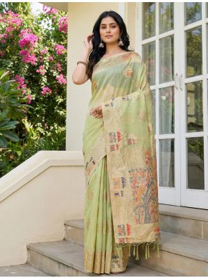 Pista Green Linen Cotton Elegant Festive Saree
