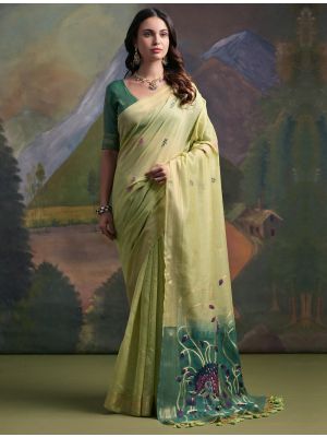 Pista Green Muga Cotton Saree With Zari Weaving