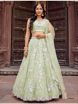 Pista Green Net Embroidered Lehenga Choli FABLE20528