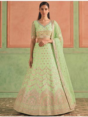 Pista Green Organza Embroidered Lehenga Choli With Foil Mirror Work small FABLE20633
