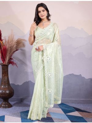 Pista Green Twill Net Stylish Party Wear Saree