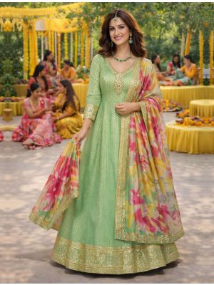 Pista Green Viscose Jacquard Free Size Ready To Wear Anarkali Suit small FABSL22368