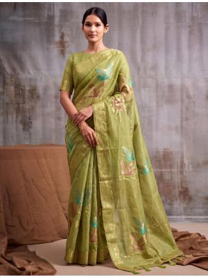 Pistachio Green Linen Cotton Saree With Antique Zari Work