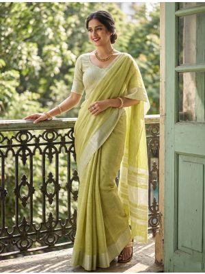 Pistachio Green Linen Woven Saree