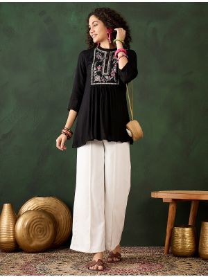 pitch black rayon embroidered top fabku21023