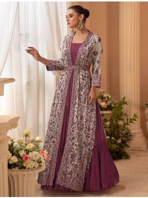 Plum Purple Chinon Ready To Wear Anarkali Dress With Front Open Jacket small FABSL22526