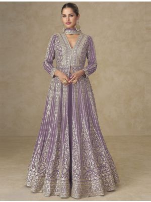 Purple Chinon Free Size Ready To Wear Anarkali Dress small FABSL22408