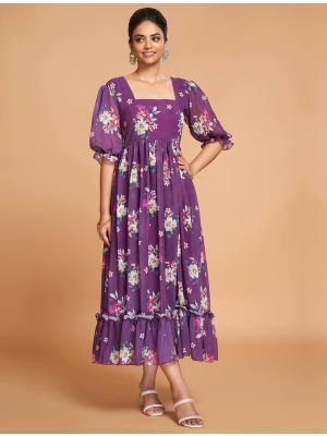 purple georgette printed elegant midi dress fabku20882
