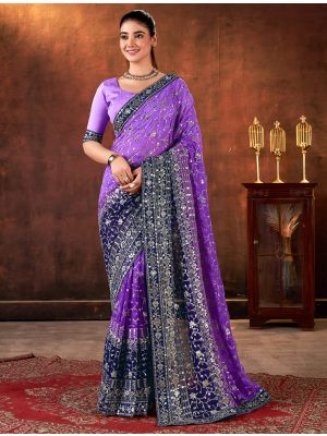 Purple Georgette Saree With Zari And Sequin Embroidery