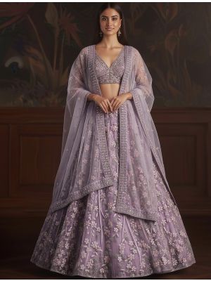 Purple Net Embroidered Wedding Lehenga small FABLE20536