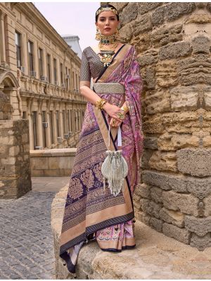 Purple Printed Silk Party Wear Saree With Woven Zari