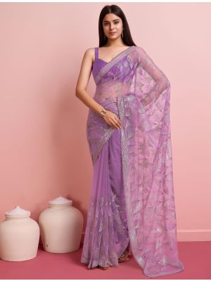 Purple Soft Net Party Wear Saree With Sequins