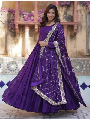 purple star georgette flared anarkali gown with dupatta fabgo20348