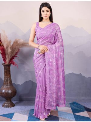 Purple Twill Net Stylish Party Wear Saree