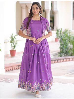 purple vichitra silk flared gown with short jacket fabgo20415
