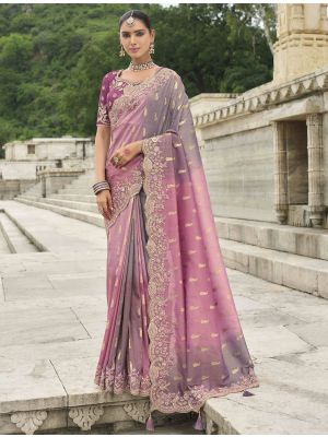 Purplish Pink Viscose Tissue Silk Designer Saree