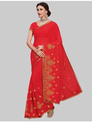 Crimson Red Georgette Designer Saree small FABSA20159