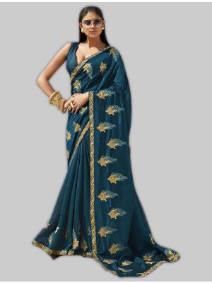 Dark Teal Soft Art Silk Designer Saree small FABSA20017