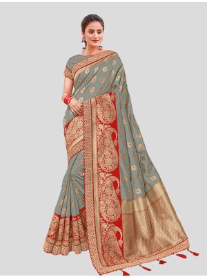 Grey Weaved Silk Designer Saree thumbnail FABSA20045