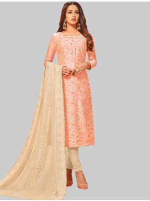 Light Peach Jacquard Silk Straight Suit with Dupatta small FABSL20045