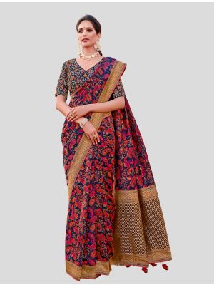 Navy Blue and Multi Weaved Silk Designer Saree small FABSA20032