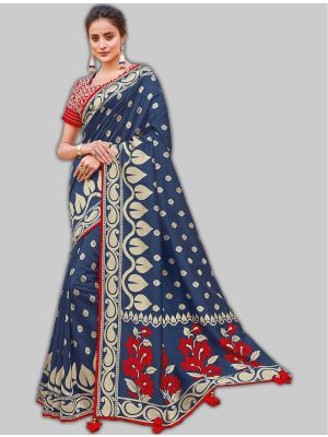 Navy Blue Weaved Silk Designer Saree small FABSA20039