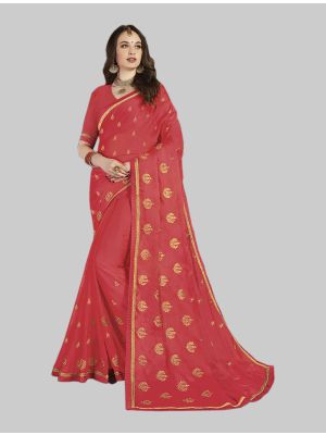 Old Rose Pink Satin Chiffon Designer Saree small FABSA20088