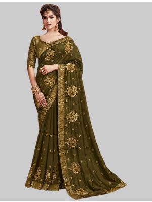Olive Green Soft Art Silk Designer Saree small FABSA20107