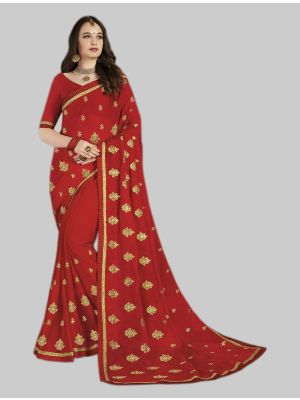 Red Satin Chiffon Designer Saree small FABSA20083