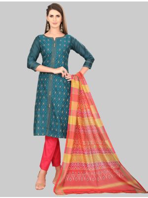 Teal Blue Chanderi Silk Straight Suit with Dupatta small FABSL20014