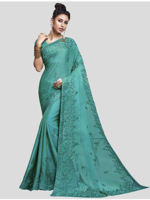 Turquoise Blue Chiffon Designer Saree small FABSA20165