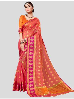 Dark Peach Cotton  Silk Designer Saree small FABSA20280