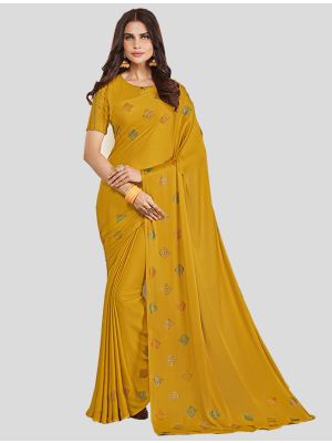 Mustard Yellow Soft Satin Designer Saree small FABSA20296
