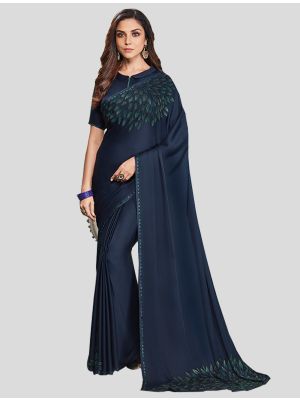 Navy Blue Soft Satin Designer Saree small FABSA20297