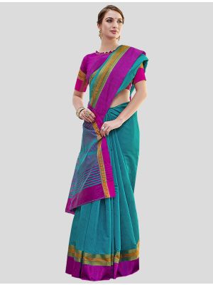 Blue Cotton Designer Saree small FABSA20406