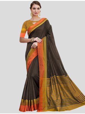 Dark Brown Cotton Designer Saree small FABSA20405