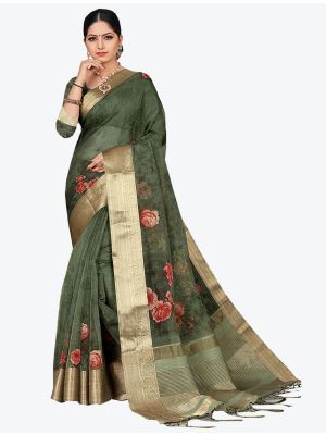 Dark Green Organza Designer Saree small FABSA20335