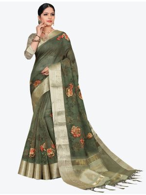 Dark Green Organza Designer Saree small FABSA20342