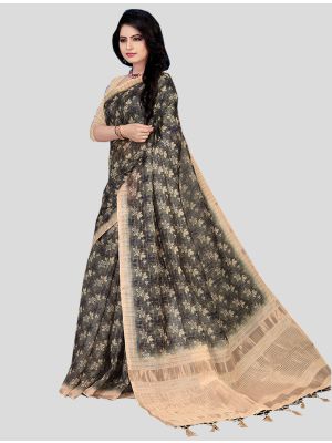 Dark Grey Cotton Silk Designer Saree small FABSA20393