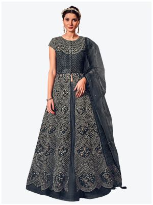 Dark Grey Net Floor Length Suit with Dupatta small FABSL20111