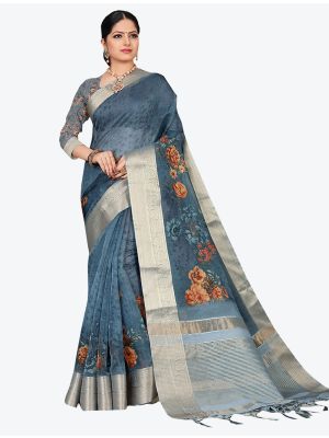 Dark Grey Organza Designer Saree small FABSA20339