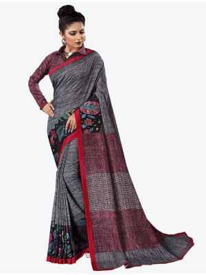 Dark Grey Tussar Silk Slub Designer Saree small FABSA20319