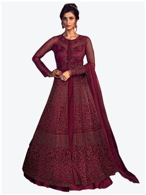Dark Magenta Pink Net Floor Length Suit with Dupatta small FABSL20113