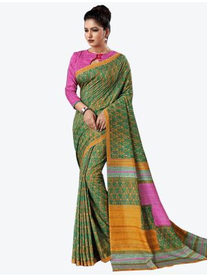Green Tussar Silk Slub Designer Saree small FABSA20324
