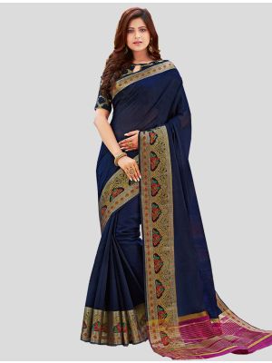 Navy Blue Khadi Silk Designer Saree small FABSA20350