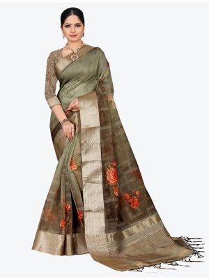 Olive Green Organza Designer Saree small FABSA20345
