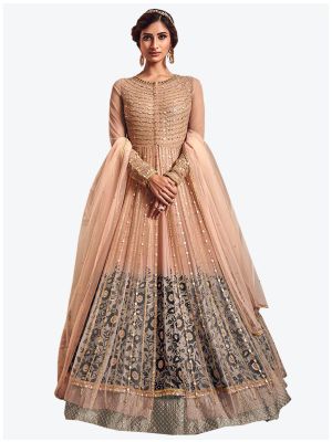 Peach Net Floor Length Suit with Dupatta small FABSL20104