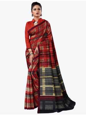 Red Tussar Silk Slub Designer Saree small FABSA20322