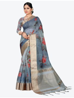Steel Blue Organza Designer Saree small FABSA20344